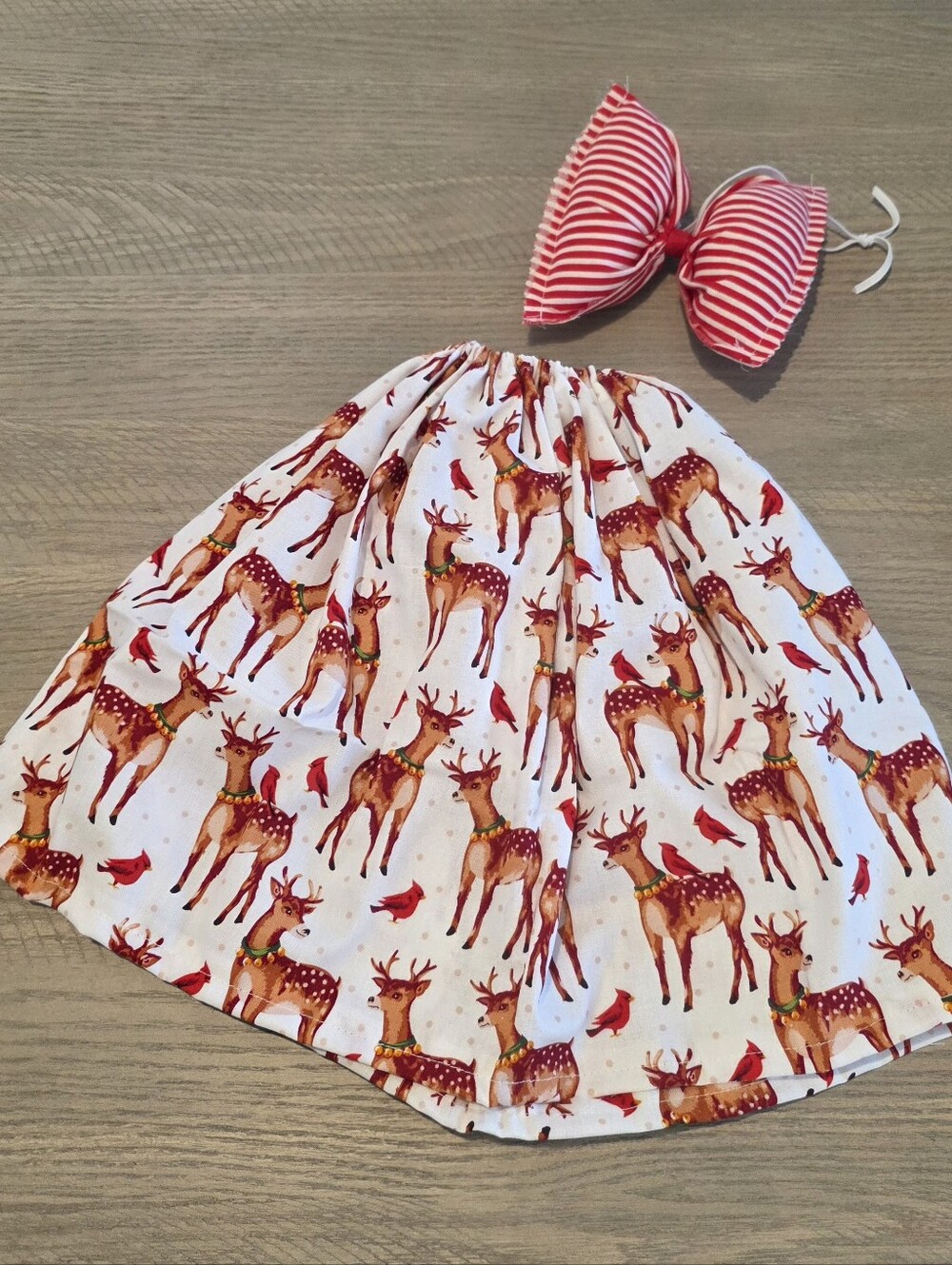 19" Handmade Reindeer Print Holiday Skirt with Red Striped Bow